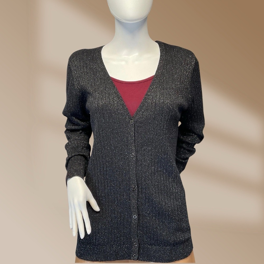 Liz Claiborne Career Women's Black Cardigan Sweater Size XL Metallic Threads